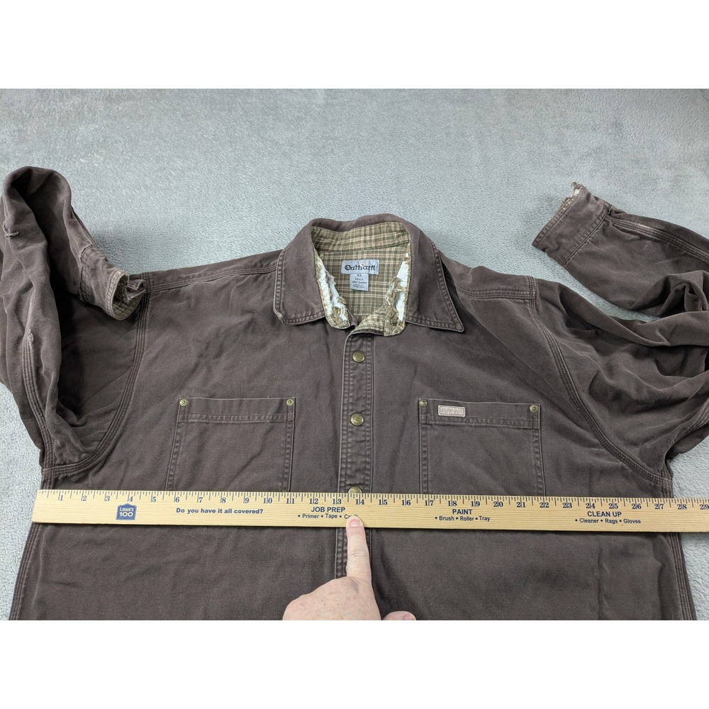 Carhartt Mens XL Tall Brown Canvas Shirt Jacket Plaid Lined Distressed Workwear - Picture 5 of 16